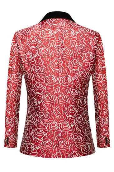 Red Rose Slim Fit Jacquard Shawl Collar One Button Mens Prom Suit_2