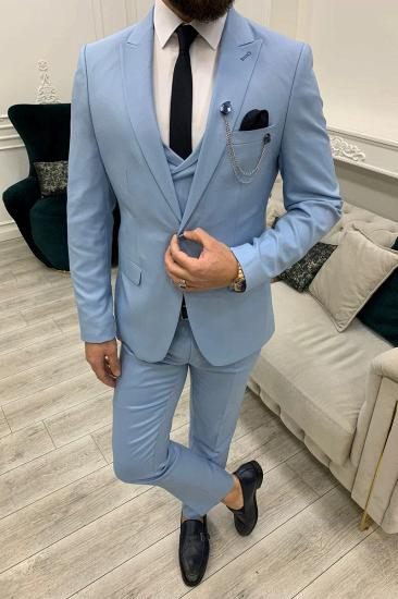 Brady Sky Blue Peak Collar Men's Slim Fit Three Piece Prom Suit_6