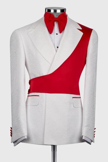 Slim White Jacquard Notched Lapel Two Pieces Prom Suits With Red Crossover Satin Panel