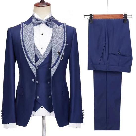 Fancy Modern Dark Blue Peak Lapel Three Piece Prom Suit_2
