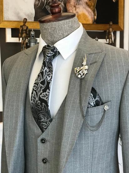 Mark Three Piece Peak Lapel Gray Striped Business Men Suits | Three Piece Twill Suit_2