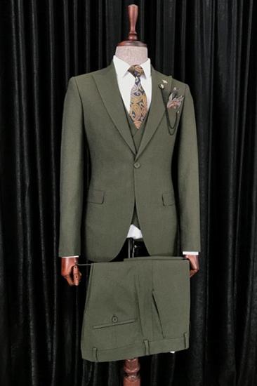 Dark Green Pointed Collar Three Piece Business  Men Suits_1