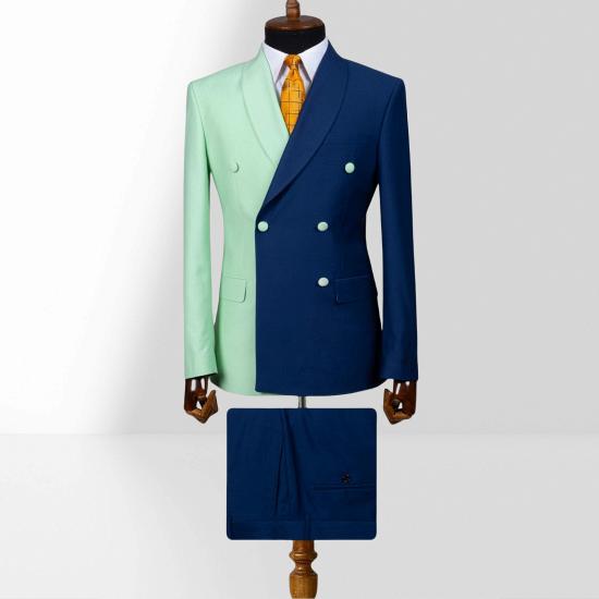Mint Green And Dark Blue Double Breasted Shawl Collar Slim Mens Two Piece Suit_3