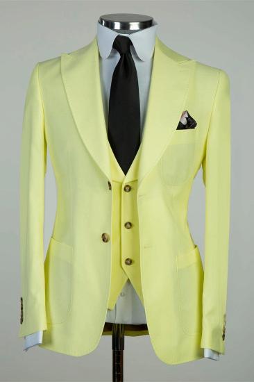 Light Yellow Pointed Collar Three Piece Men Business Suit_1