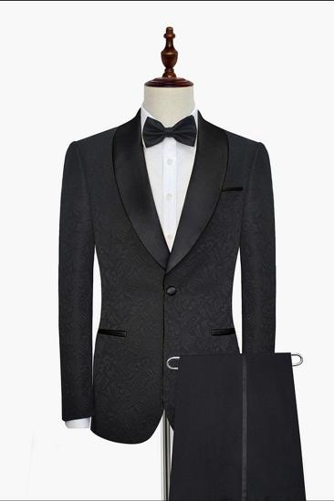 Mens Classic Black Jacquard Wedding Tuxedo |  Shawl Lapel Silk One Button Wedding Suit_1
