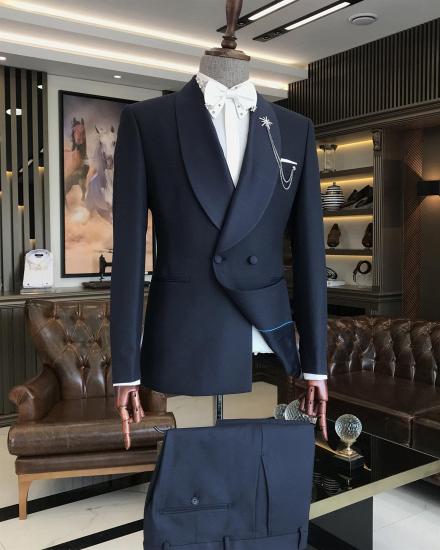 Stylish Dark Blue Shawl Collar Jacket Trousers Suits_2