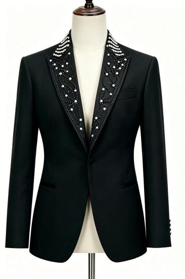 Black Hand Beaded Peak Lapel Tuxedo Jacket Men Formal Wedding Party Blazer Coat_1