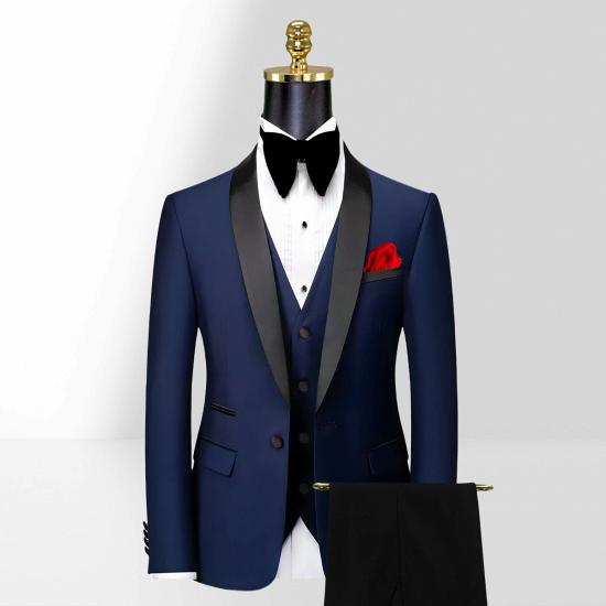 Brownie Navy Blue Slim Fit Shawl Collar Mens Three Piece Tuxedo Suit | Black Trousers_4