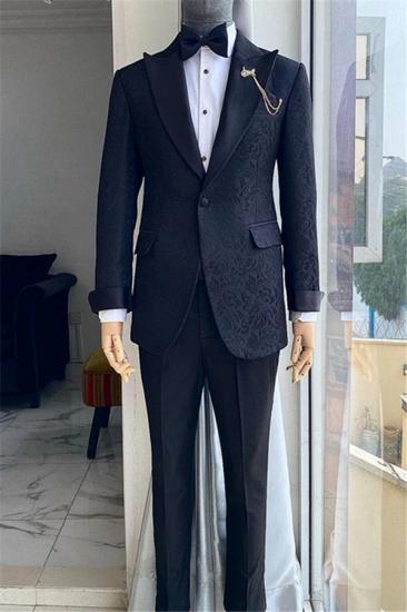 Black Slim Fit Jacquard Peak Collar One Button Wedding Two Piece Suit_1