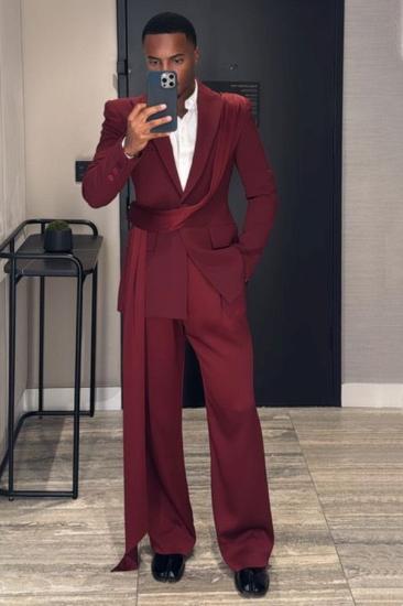 Stylish Brady Burgundy One Button Mens Prom Suits with Long Sash_1