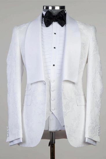 White Jacquard Shawl Lapel Three Piece Men Wedding Suit_1