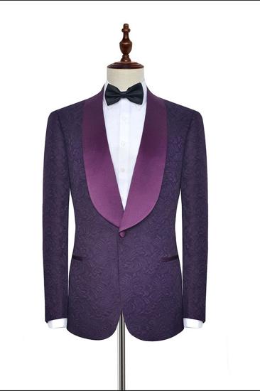 Luxurious Dark Purple One-Button Wedding Tuxedo | Silk Shawl Lapel Jacquard Ball Suit_3