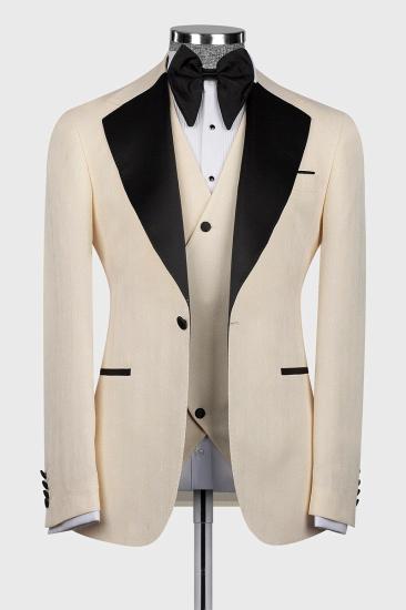 Modern Creamy Creamy Yellow Notch Lapel Mens Suit | Men Three Piece Black Collar Suits