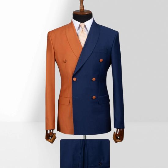 Orange And Navy Blue Double Breasted Shawl Collar Slim Mens Two Piece Suit_4