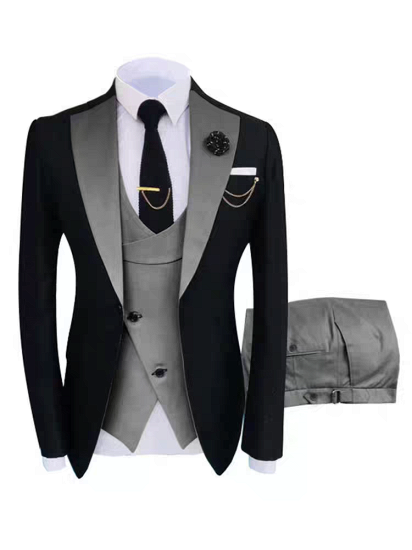 Popular Black Notched Lapel Three Pieces Slim Tuxedo Suit With Grey Vest_2