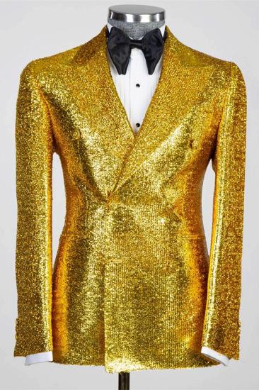 Gold Sequins Peaked Lapel Double Breasted Two Pieces Prom Suits_1