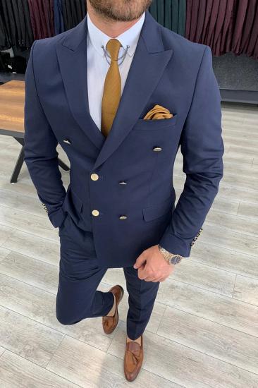 Brady Navy Blue Slim Fit Wool Blend Men Double Breasted Two Piece Wedding Suit | Metal Buttons With Silk Lining_3