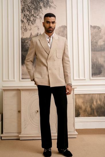 James Bespoke Camel Peaked Lapel Double Breasted Two Pieces Prom Suits With Plaid Pockets_1