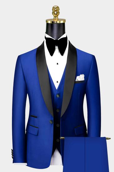 Modern Royal Blue Suits For Groom | Black Satin Shawl Lapel Wedding Tuxedo For Groomsmen - Vic