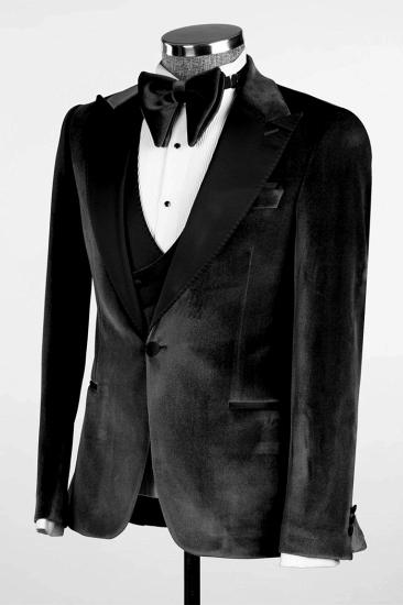 Black Peak Collar Velvet Three Piece Wedding Suit ｜ Prom Three Piece Suit_3