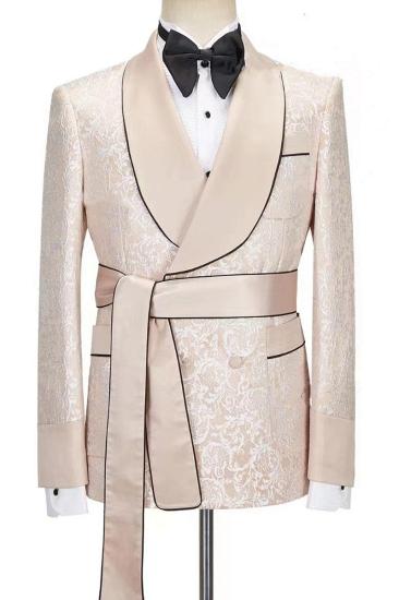 Elegant Beige Mens Robe Set Shawl Collar Two Piece Set | Belted Party Suit