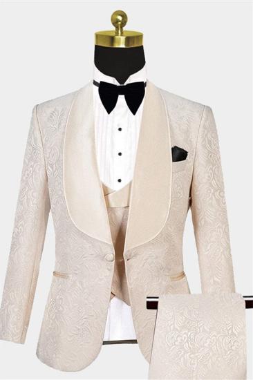 Champagne Three Piece Jacquard Wedding Tuxedo | Shawl Lapel Banquet Suit_1