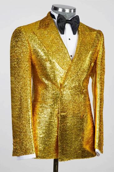 Gold Sequins Peaked Lapel Double Breasted Two Pieces Prom Suits_2