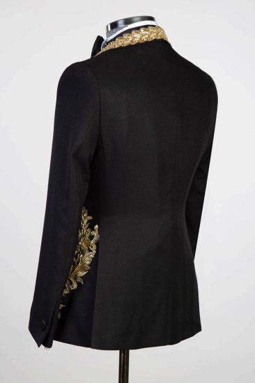 Fashion Slim Shiny Gold Appliques Three Piece Black Wedding Suit Prom Outfits_3