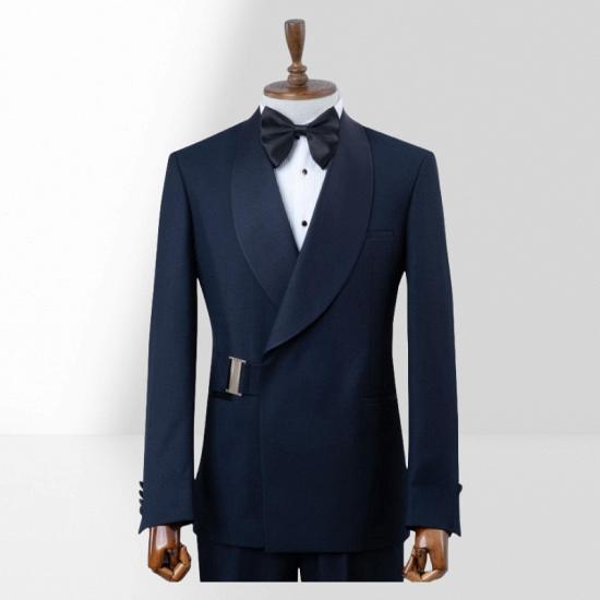 Stylish Fit Navy Blue Shawl Collar Two Pieces Wedding Suits | With Adjustable Metal Buttons_2