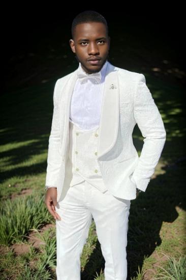 Elegant White Shawl Collar Jacquard Wedding Mens Three Piece Suit_1