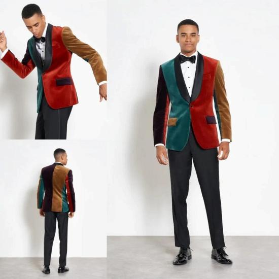 Peter Dark Green Burgundy Patchwork Velvet One Button Prom Suit | Bradymensuit_3