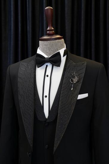 Barry Lastest Design Sleek Black Three Piece Point Lapel Wedding Suit_2