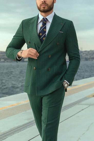 Stylish Rick Hunter Green Striped Peak Collar Double Breasted Men Two Piece Suit_2