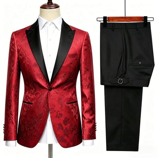 Red Floral Jacquard Peak Lapel Tuxedo Suit Set Slim Fit Formal Men Party Suit_2