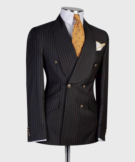 Black Stripe Double Breasted Shawl Lapel Business Men's Suit_2