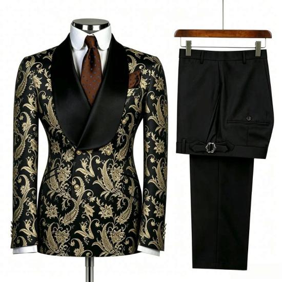 Black Gold Paisley Jacquard Double-Breasted Tuxedo Suit for Men_3