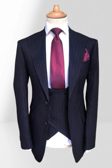 Remington Blue Striped Three Pieces Peaked Lapel Business Suits_1
