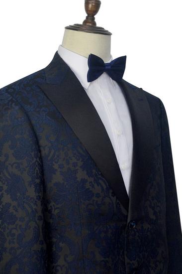 Dark Navy Jacquard Prom Suit |  Black Silk Peak Lapel Mens Wedding Suit_4