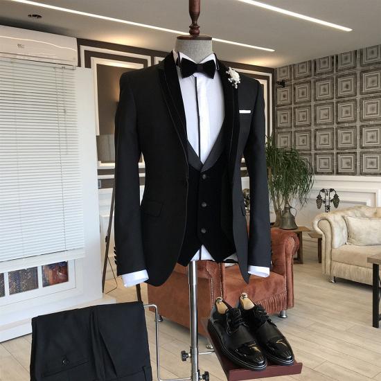 Derrick Classic Three Piece Black Shawl Lapel Slim Fit Groom Wedding Tuxedo_3