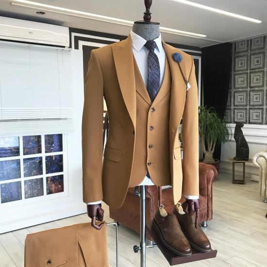 Julien Gold Brown Fashion Point Lapel Men Suit Three Piece_2