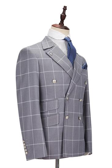 Gray Plaid Lapel Double Breasted Men Business Suit Two Piece_2