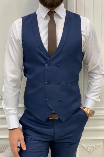 Navy Blue Slim Fit Wool Blend Single Button Mens Three Piece Suit_5