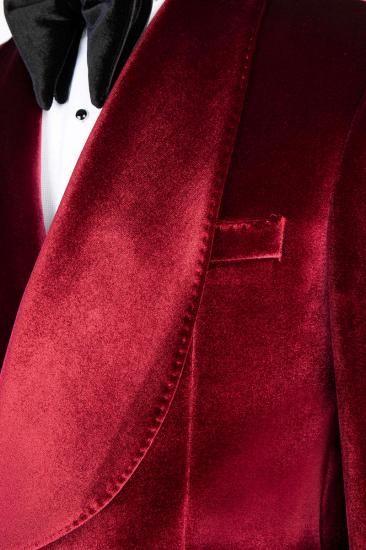 Fashion Slim Fit Burgundy Velvet Double Breasted Men's Two Piece Prom Suit_4