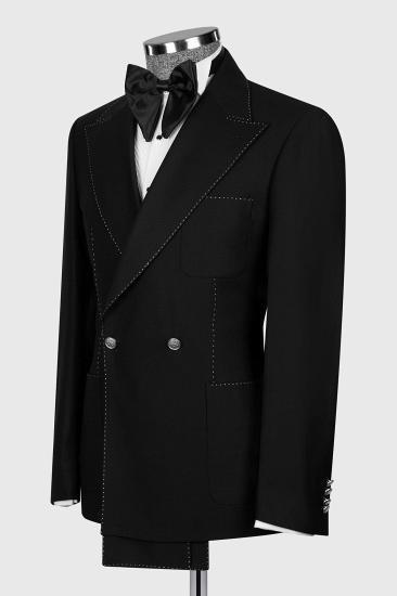 Brady Black Peak Lapel Double Breasted White Seam Men’s Two Pieces Suit_2