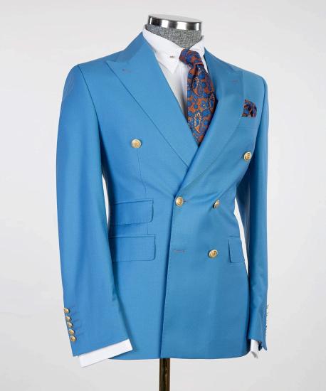 Modern Blue Double Breasted Point Collar Business Men Suit_3