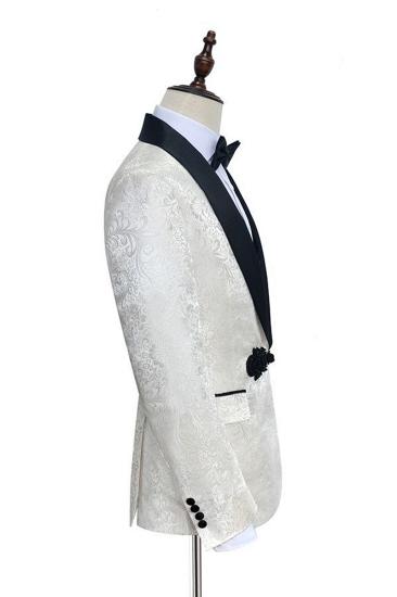 Fashion Knit Buttons Black Shawl Lapel Three Piece White Jacquard Men Wedding Tuxedo_2