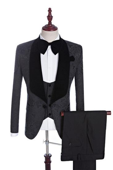 Xander Men Black Jacquard Three Piece Shawl Lapel Wedding Suit_2